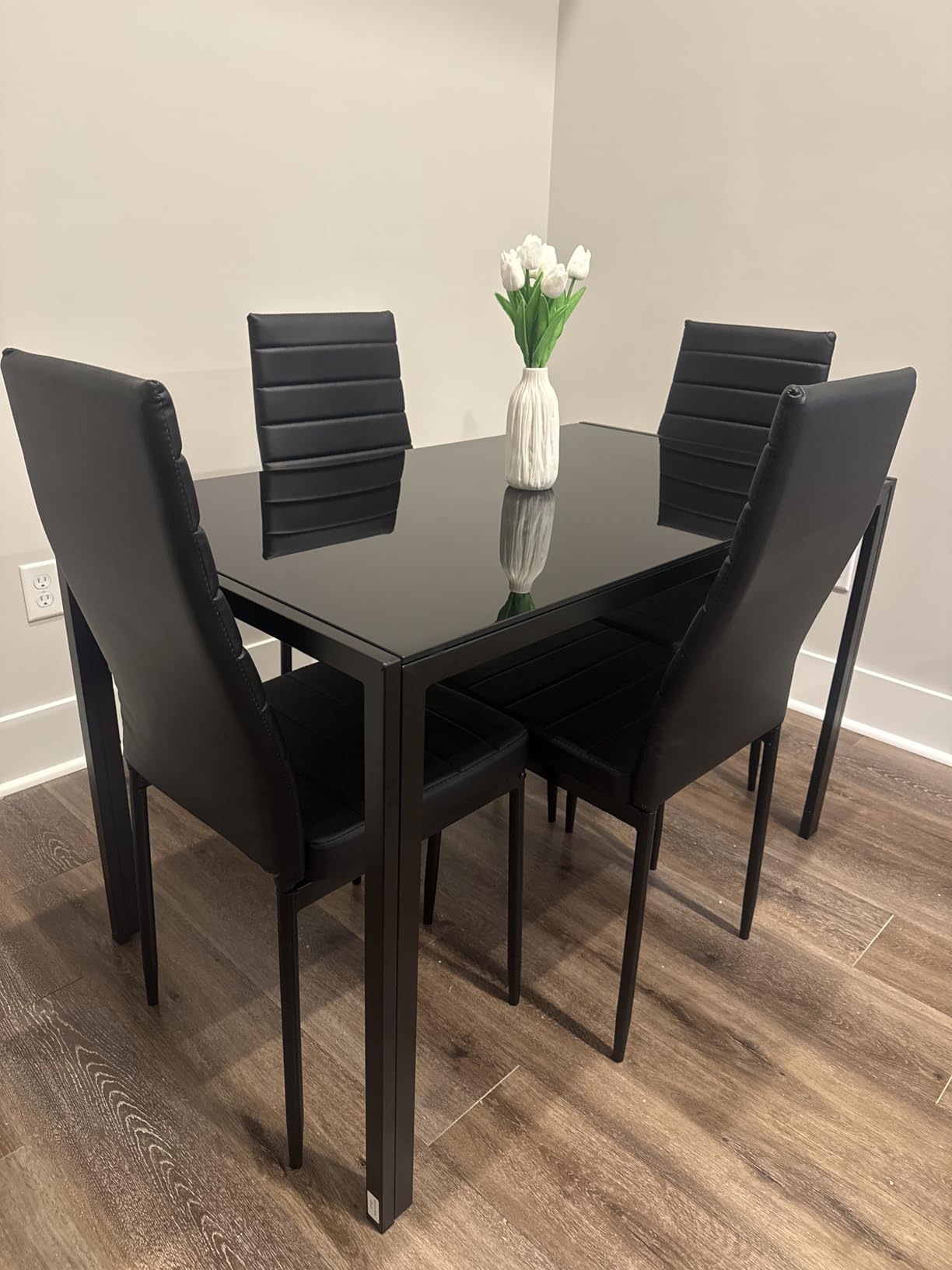 FDW 5-Piece Dining Table Set Black Glass Kitchen Table with 4 Upholstered Chairs and Faux Leather Cushions, Space-Saving Modern Design customer photo 2