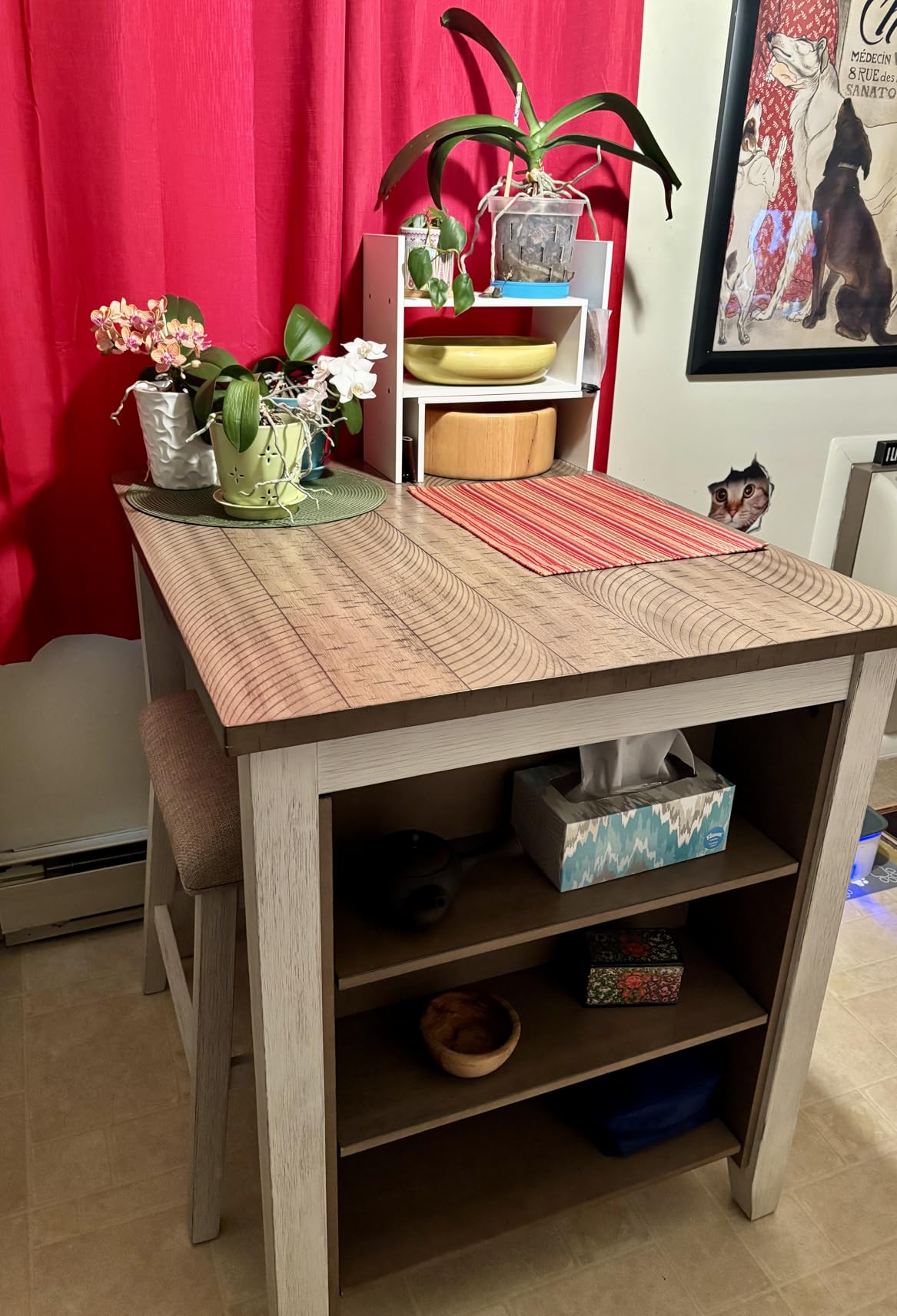 Signature Design by Ashley Skempton 3-Piece Counter Height Dining Table Set | Two-tone acacia wood set, 3 built-in open shelves, 2 upholstered saddle stools, Space-saving tuck-away design, Dining room customer photo 2