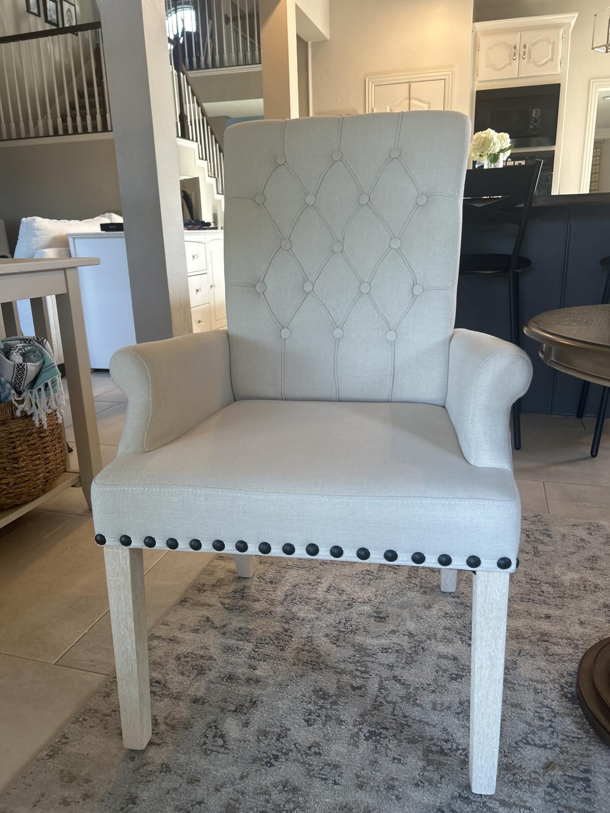 adochr Dining Chairs with Arms,Linen High Back Dining Room Chairs, Beige | Upholstered Accent Armchair with Solid Wood Legs & Nailhead Trim for Kitchen Living Room, 500 LBS Capacity customer photo 1