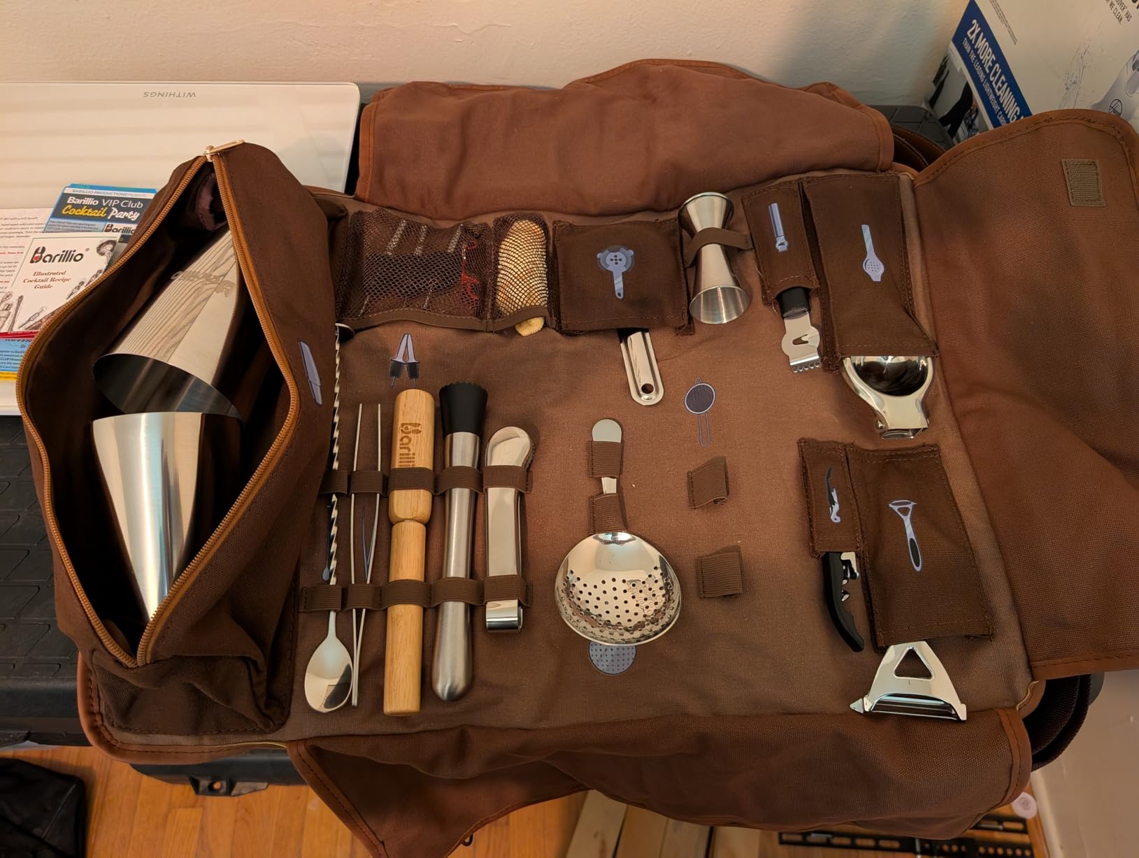 Barillio Bartender Kit Bag with Cocktail Shaker Set - Waxed Canvas, Traveling Bar Tools Bag with 17-Pc Cocktail Kit - Travel Mixology Bartending Kits - Mobile Bar Roll with Strap & Accessories customer photo 2
