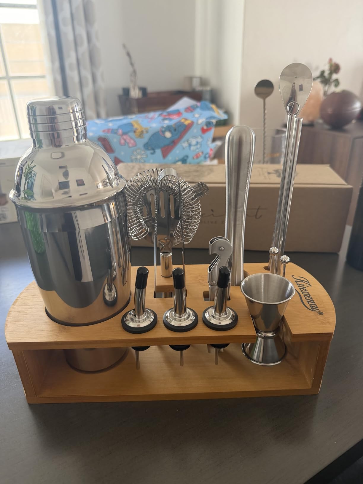 KITESSENSU Cocktail Shaker Set Bartender Kit with Stand | Bar Set Drink Mixer Set with All Essential Accessory Tools: Martini Shaker, Jigger, Strainer, Mixer Spoon, Muddler, Liquor Pourers | Silver customer photo 1