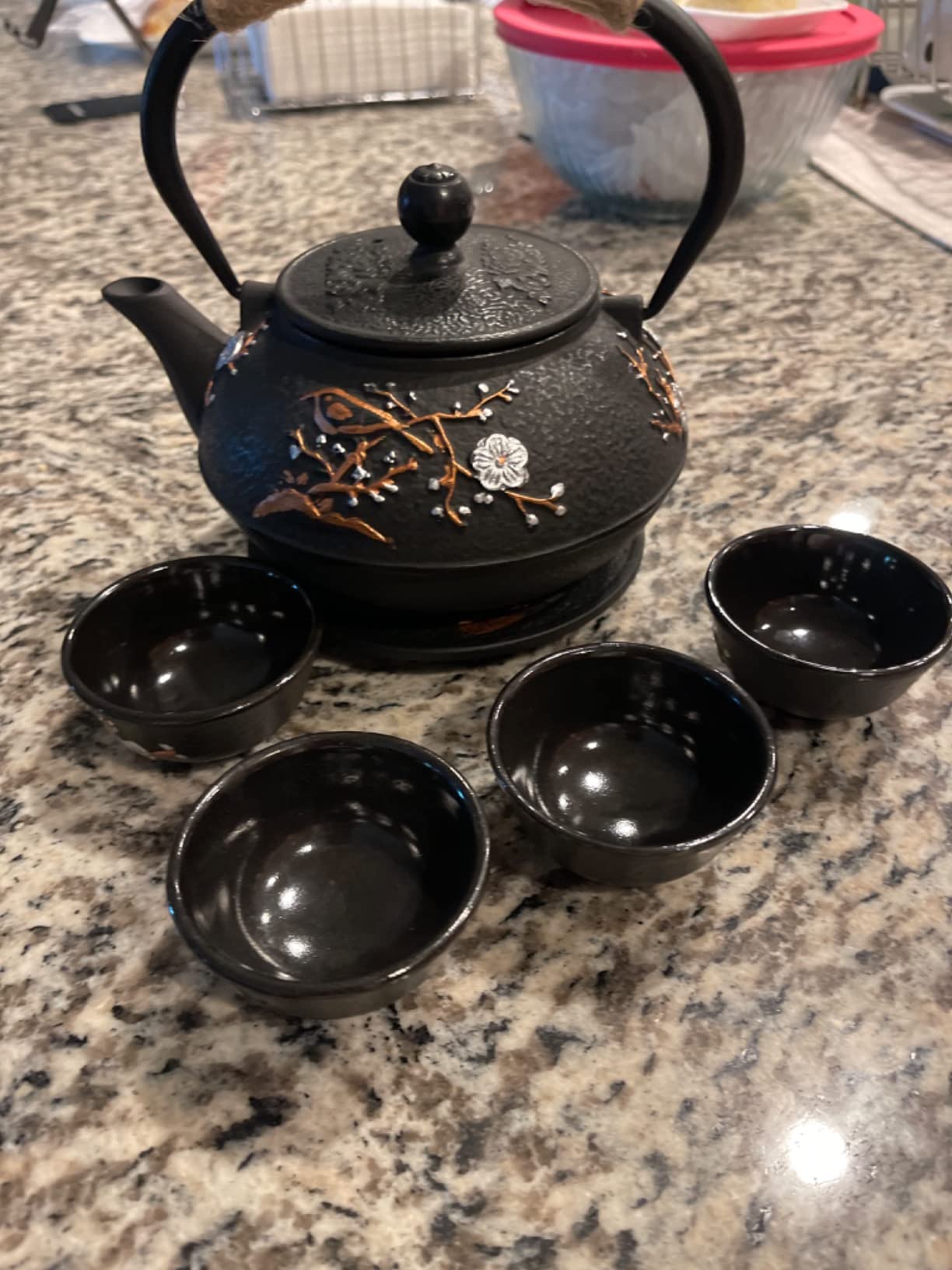 Japanese Style Cast Iron Teapot with Infuser Trivet Tetsubin Kettle, Chinese Tea Set with 4 Tea Cups Black (Magpie and Plum Pattern) customer photo 1