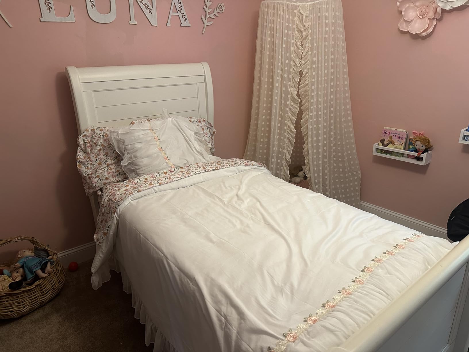 Wonder Space Elegant Kids Bed Canopy - Lace Chiffon Netting with Pom Pom, Princess Girls Fairy Dream Tent, Nursery Room Baby Crib Hanging Curtain Mosquito Net Children Reading Nook Decoration (Beige) customer photo 2