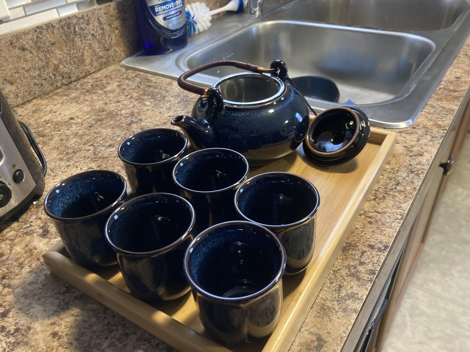 Dujust Japanese Tea Set, Black Porcelain Tea Set with 1 Teapot Set, 6 Tea Cups, 1 Tea Tray, 1 Stainless Infuser, Beautiful Asian Tea Sets for Adults, Tea Lover/Women/Men (Countryside in Golden) customer photo 1