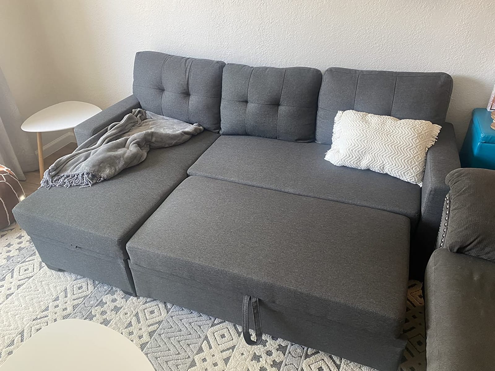 Devion Furniture L-Shaped Polyester Fabric Reversible, Easy Convertible Pull-Out Sleeper Sectional Sofa/Storage Chaise with Tufted Back Cushions and Track Arms in Light Gray customer photo 2