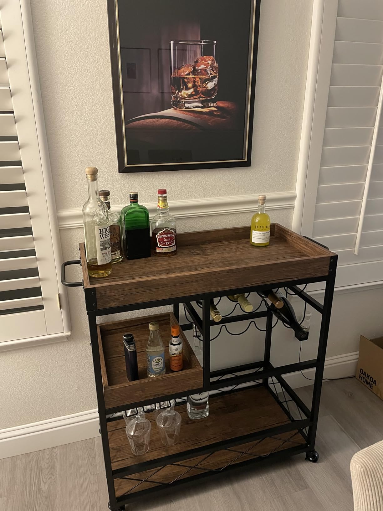 Bar Cart Industrial Mobile Kitchen Serving Carts for Home 3 Tier Storage Trolley with Wine Rack Glasses Holder Two Portable Trays Universal Casters with Brakes Rustic Rolling Cart for Indoor Outdoor customer photo 2