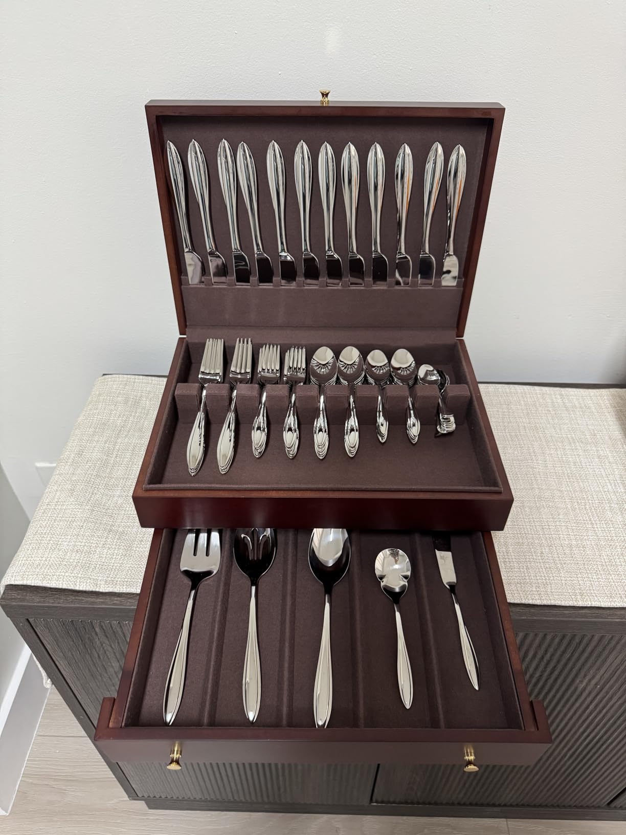 Lenox Mahogany Flatware Chest, Silverware Storage Box, 120-Piece Capacity | wood veneer | 15 x 11 x 5.5-in | kitchen silverware organizer with lid, two-section interior for utensils, gift for women customer photo 1