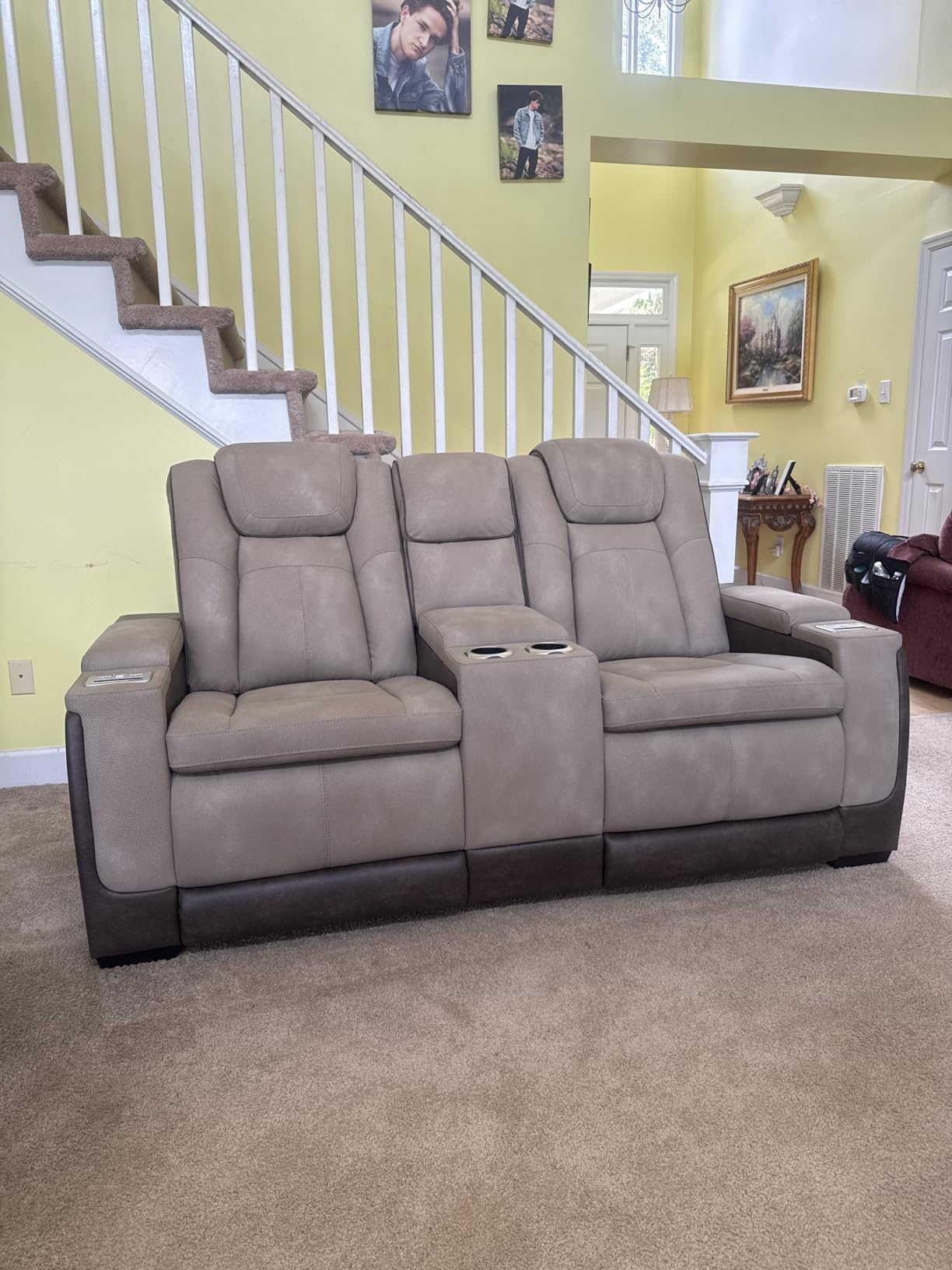Signature Design by Ashley Power Reclining Loveseat with Console, Sand | Next-Gen easy to clean water resistant performance fabric, Zero-gravity power mechanism, Adjustable headrest, Console customer photo 1