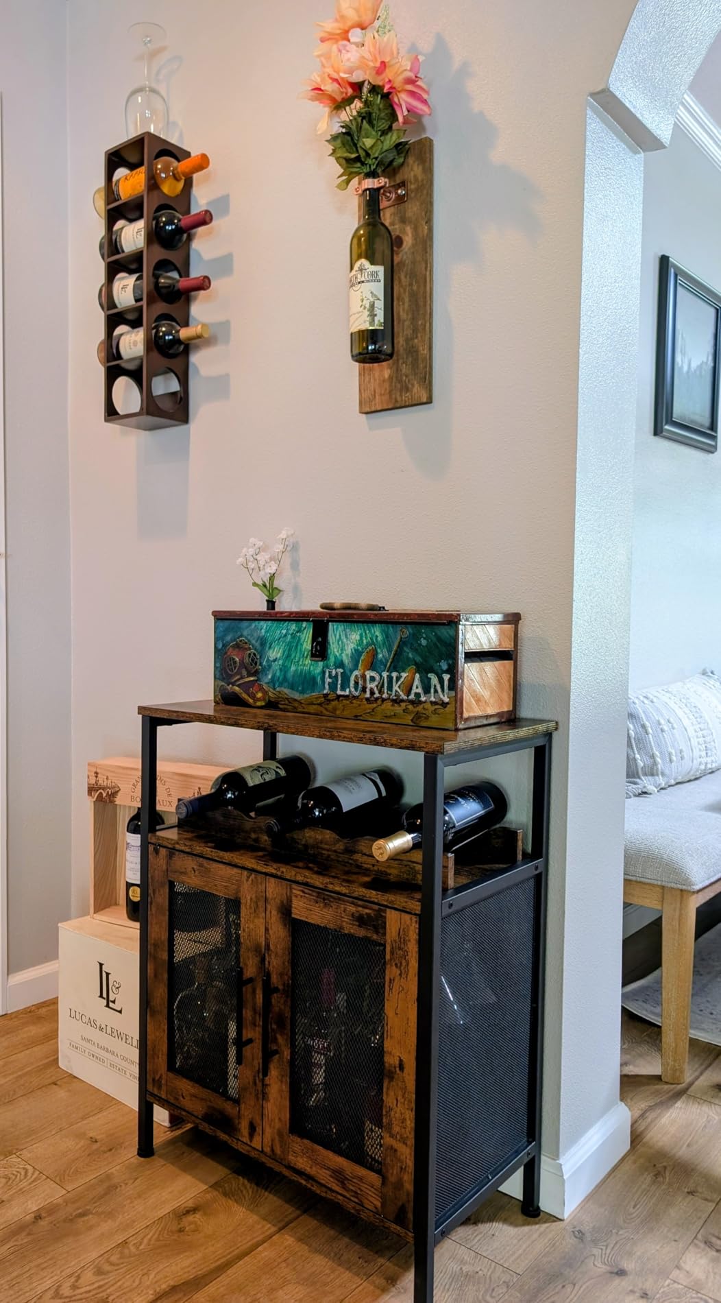 X-cosrack Wine Bar Rack Cabinet with Detachable Wine Rack, Coffee Bar with Glass Holder, Small Sideboard and Buffet Cabinet with Mesh Door, Rustic Brown (Patent Pending) customer photo 2