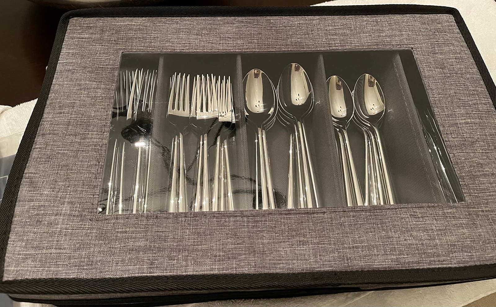 Hearth & Harbor Flatware Organizer for Drawer, Silverware Storage Box, Grey | Quilted Utensil Storage, Hard Shell Organizer with Felt Dividers and Lid for Moving, Seasonal Organization, Service of 12 customer photo 1