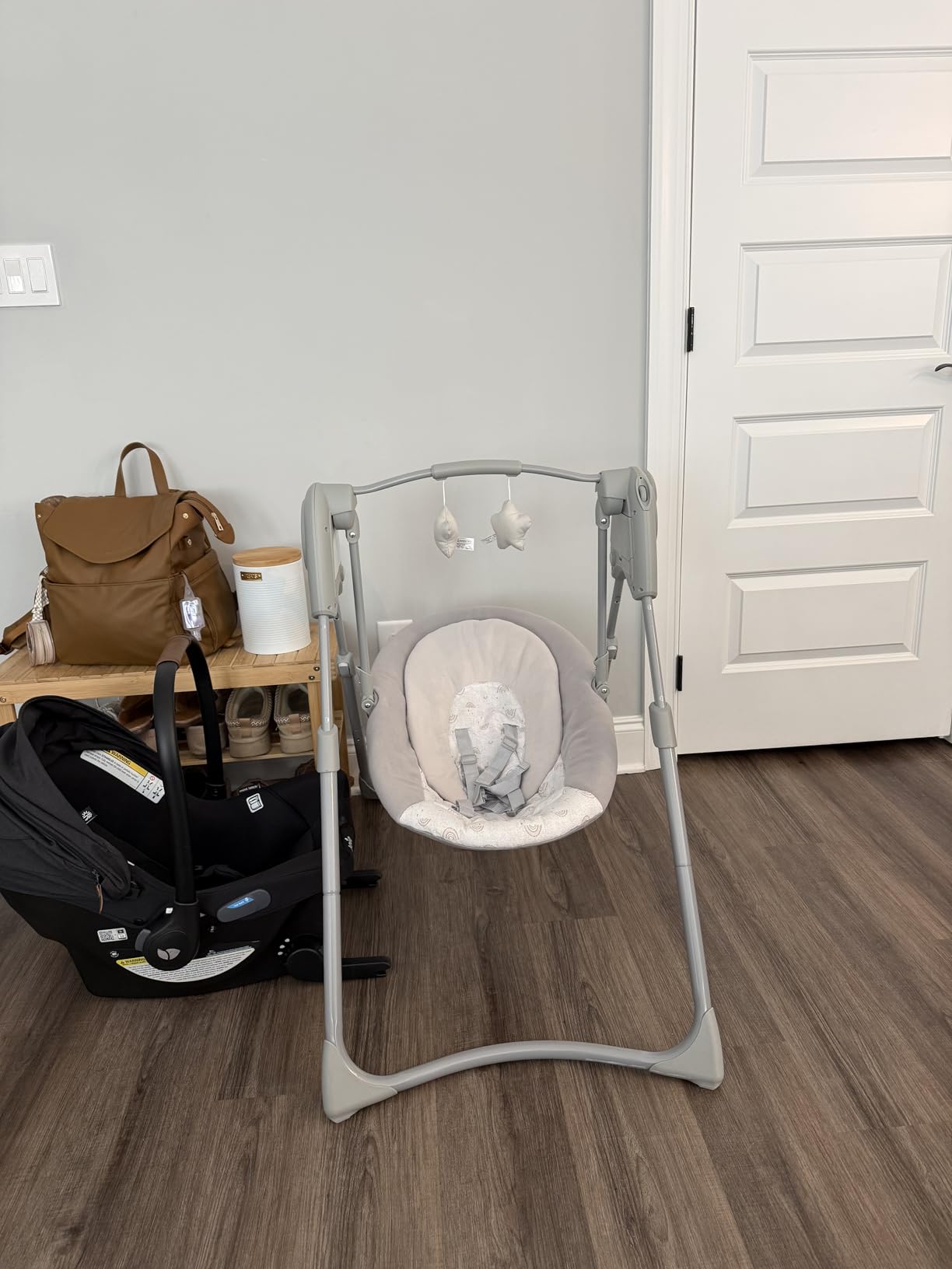 Graco Slim Spaces Compact Baby Swing, Space Saving Portable Bay Swing with Height Adjustable Legs & Soft Toys, Reign customer photo 1
