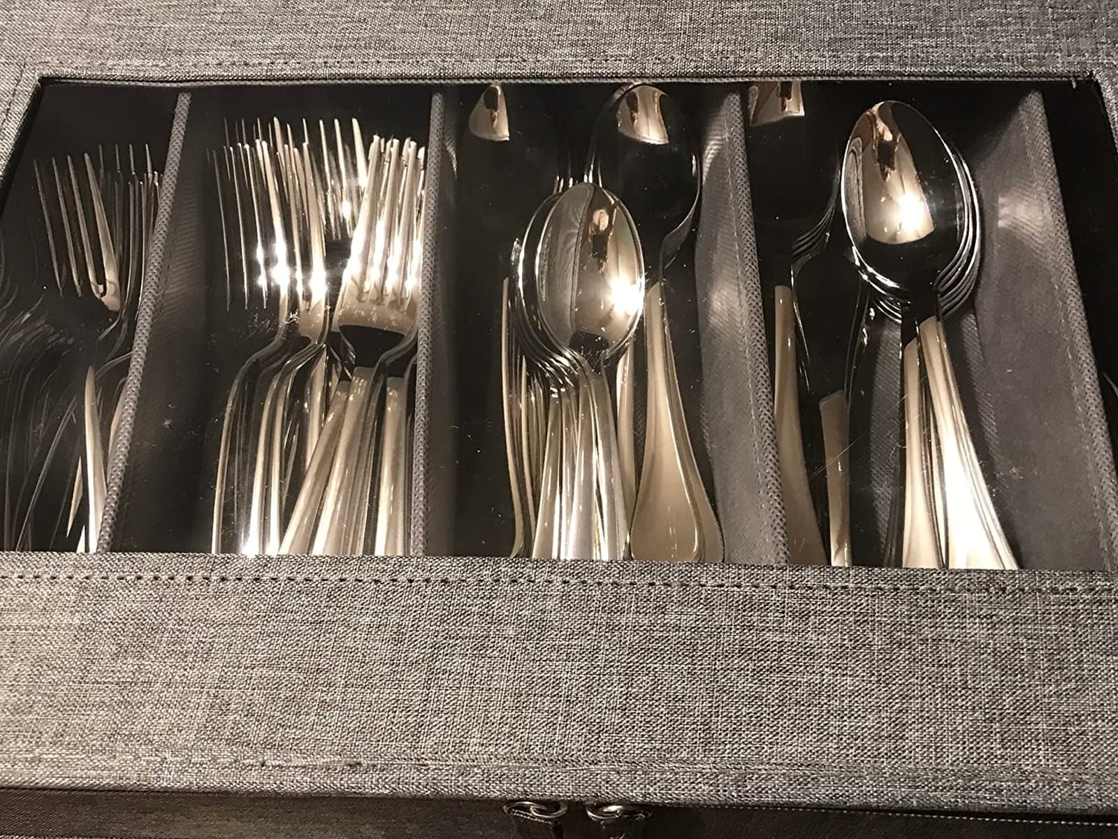 Silverware Storage Box Chest with Dividers, Flatware Utensil Storage Case, 5 Compartment Flatware Storage Box with Zipper Lid for Organizing Cutlery, Flatware, Knives, Large Capacity Gray customer photo 1