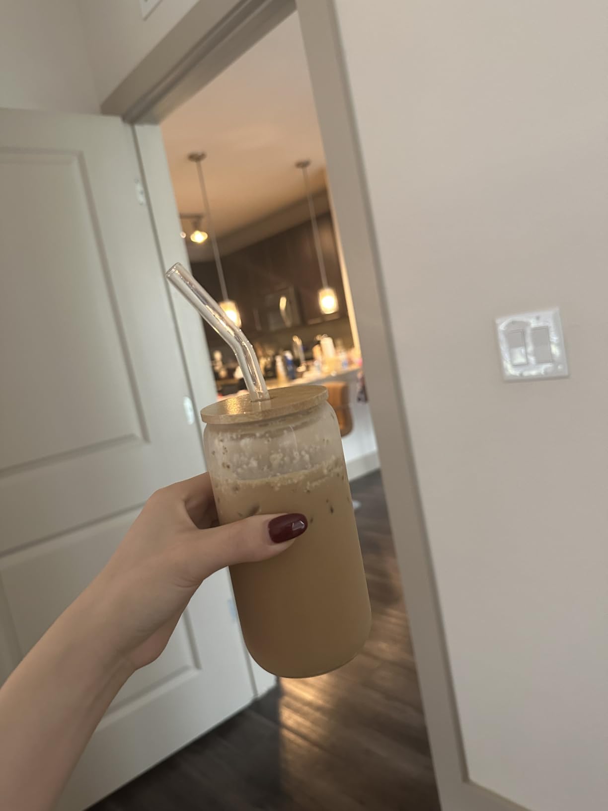 Drinking Glasses with Bamboo Lids and Glass Straw 4pcs Set - 16oz Glass Cups, Iced Coffee Glasses, Cute iced Tea Glasses, Beer Glasses, Ideal for Coffee Bar Accessories, Aesthetic Gift - 2 Brushes customer photo 2