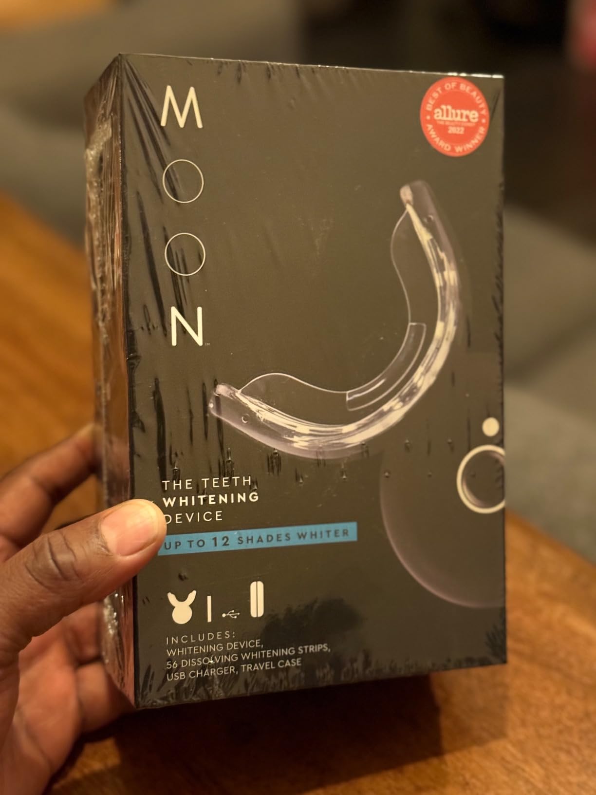 MOON Teeth Whitening Kit, LED Light Teeth Whitener Device, 56 White Strips, USB Charger & Travel Case, Blue Light Whitening Tray Removes Stains & Whitens Up to 12 Shades in 2 Weeks (4 Piece Kit) customer photo 1