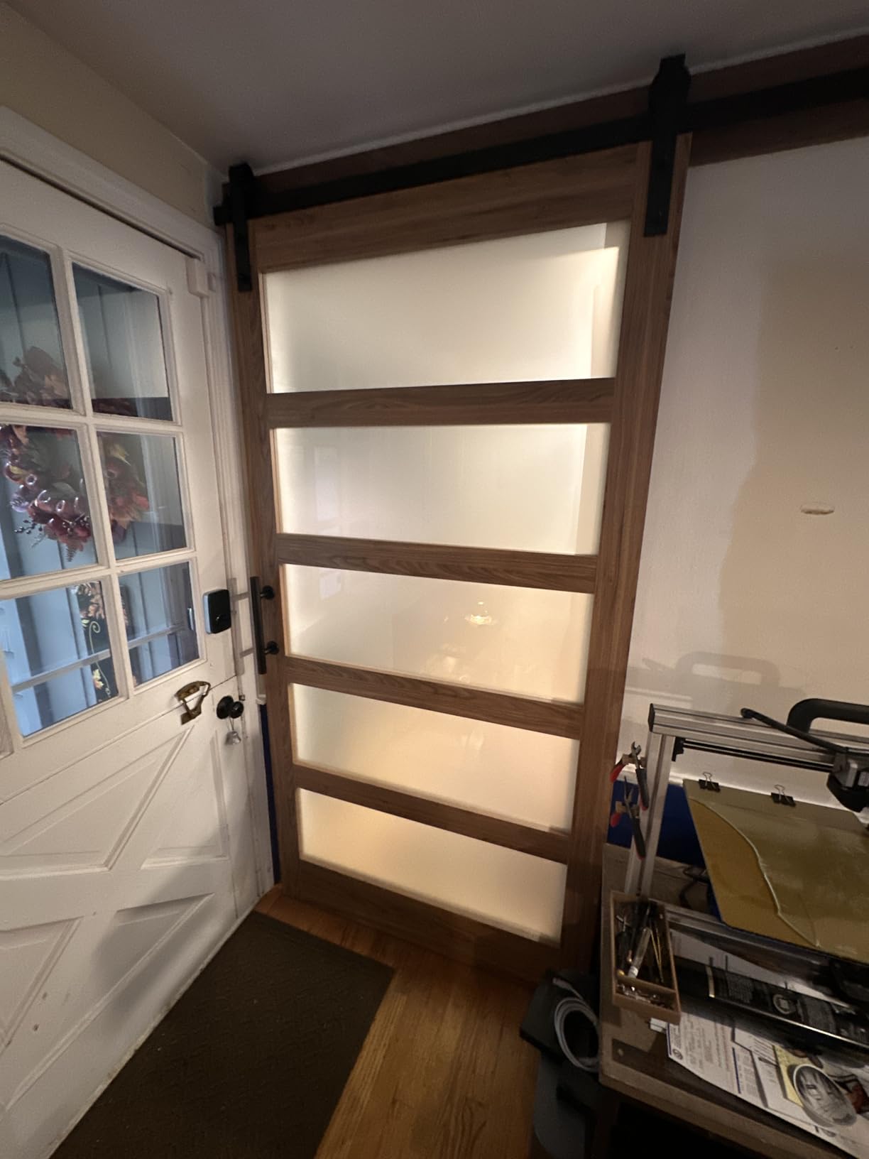 FREDBECK 36 x 84 inch Glass Barn Door with 6.6FT Track Kit, Interior Doors | Fit for 32in-34in Opening Handle Included, 5-Panel Frosted Glass, Water-Proof Surface, Pre-Drilled Holes, Need Assembly customer photo 2