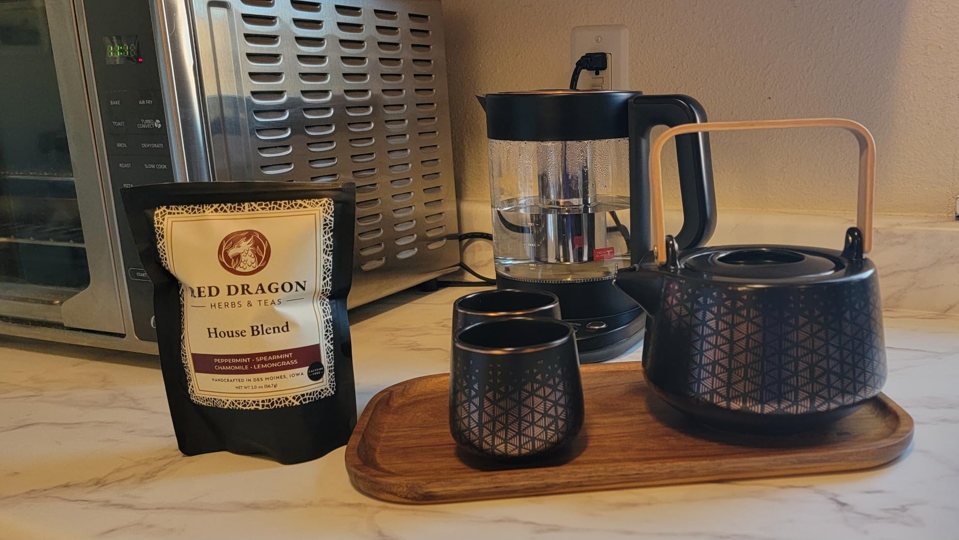 Viante Luxury Tea Set, Electric Kettle With Infuser, Gift for Tea Lovers | Borosilicate glass body plus ceramic teapot, 4 ceramic cups & bamboo tray. No plastic ever touches your water customer photo 2