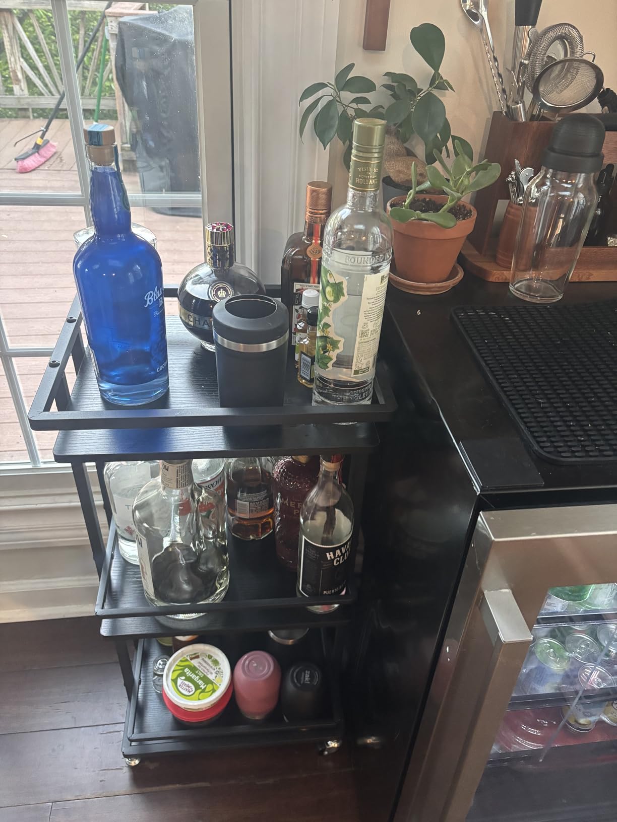 OKZEST 3 Tier Bar Cart for Home, Rolling Mini Liquor Bar for Wine Beverage Dinner Party, Utility Kitchen Storage Island Serving Cart on Wheels, Coffee Bar Cabinet for Kitchen Dining Living Room, Brown customer photo 1