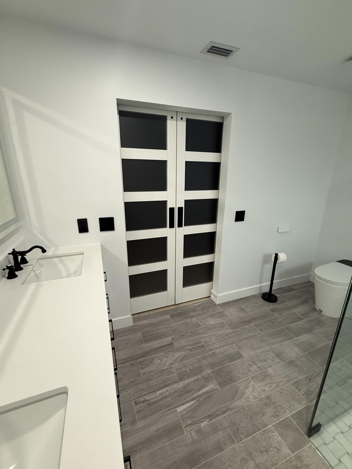 Double 21×84 Inch Glass Barn Door Slab and 7ft Hardware Kit Included, 3 Frosted Glass, LVL Wood Panel Covered with White Water-Proof Scratch-Proof PVC Surface, Simple DIY Assembly customer photo 2