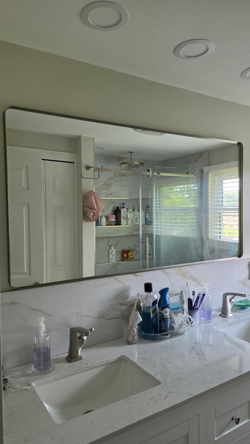 LOAAO 48X32 Inch Black Metal Framed Bathroom Mirror for Wall, Matte Black Bathroom Vanity Mirror Farmhouse, Large Rounded Rectangle Mirror, Anti-Rust, Tempered Glass, Hangs Horizontally or Vertically customer photo 1