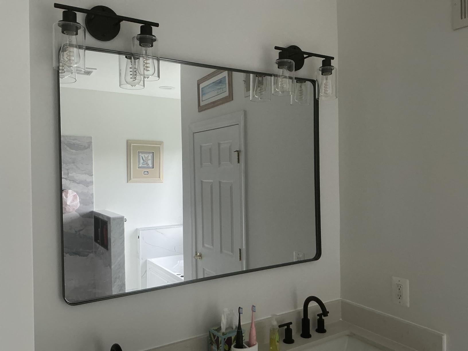 LOAAO 48X30 Inch Brushed Nickel Bathroom Mirror | Rounded Rectangle, Silver Metal Frame, Anti-Rust, Tempered Glass, Hangs Horizontally or Vertically customer photo 1