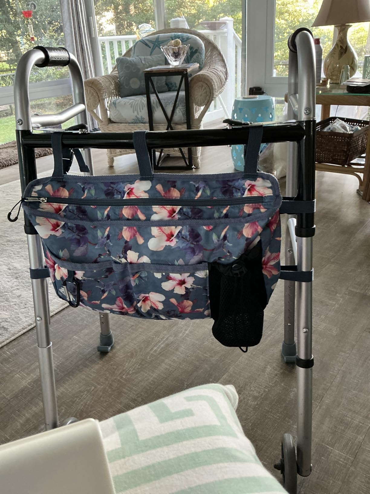 FINPAC Large Walker Tote Bag w/Cup Holder, Folding Walker Attachment Pouch | Water-resistant Polyester, Organized Pockets, Reflective Strip, Mobility Aid Storage Basket for Seniors, Blooming Hibiscus customer photo 2