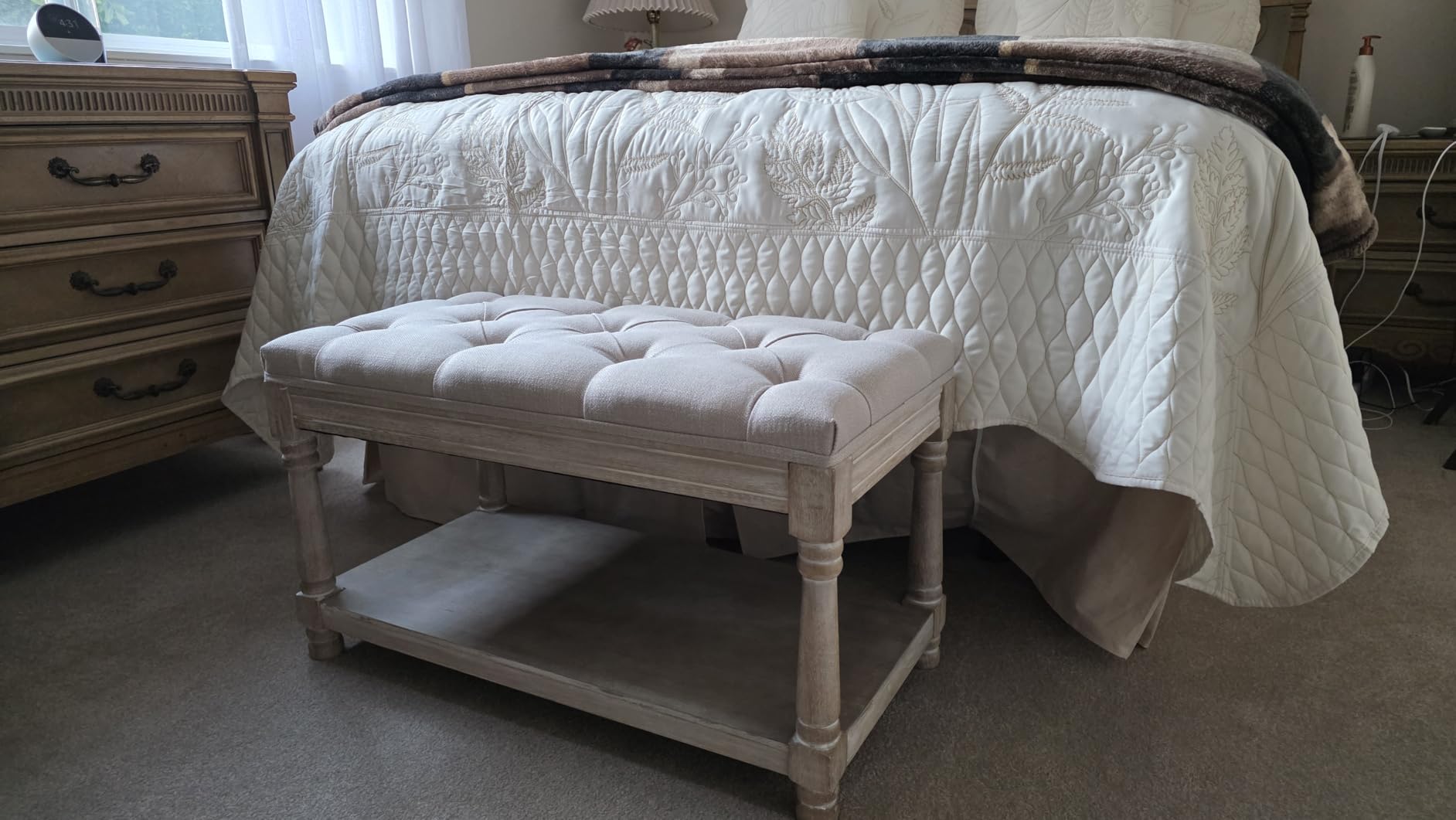 Farmhouse Storage Bench Wooden Entryway Linen Upholstered Ottoman Button Tufted Bench for Bedroom End of Bed Hallway Organizer, Beige, 32 Inch customer photo 1