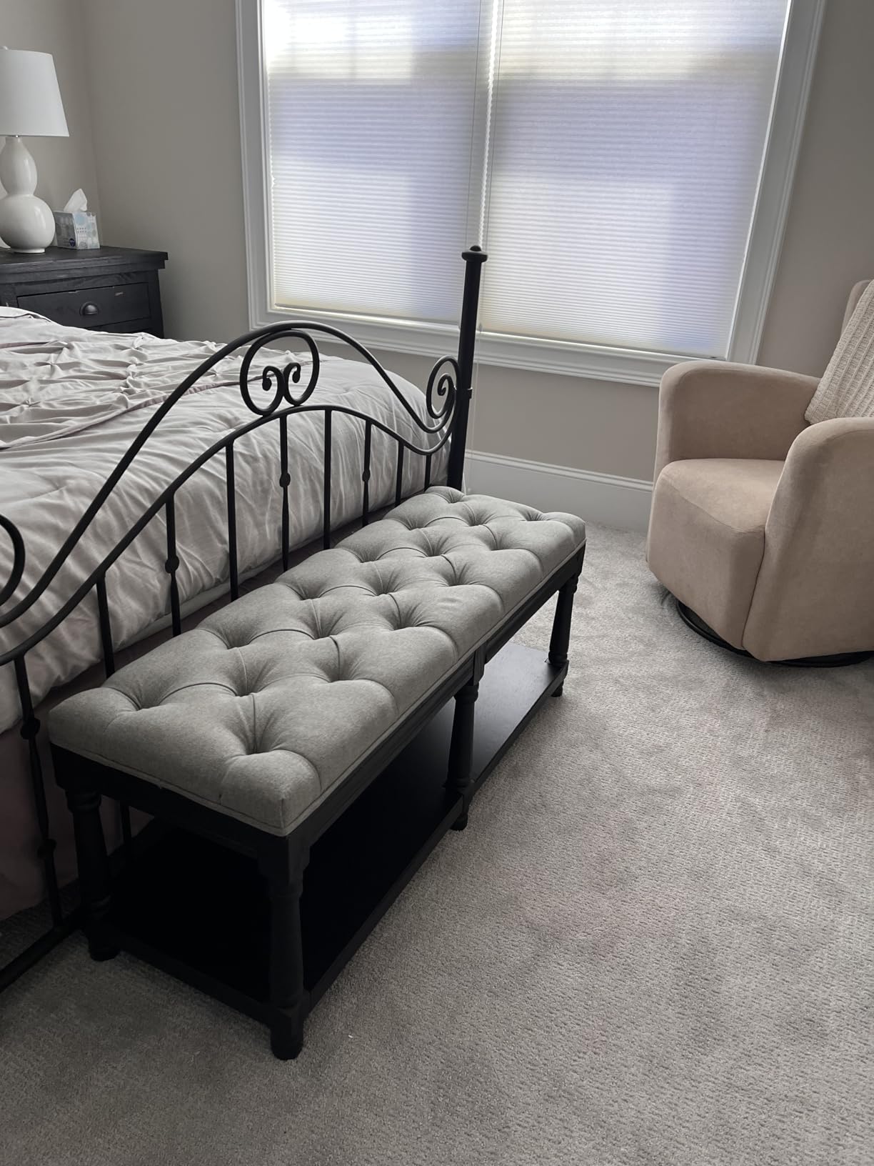 Farmhouse Storage Bench Wooden Entryway Linen Upholstered Ottoman Button Tufted Bench for Bedroom End of Bed Hallway Organizer, Beige, 32 Inch customer photo 2