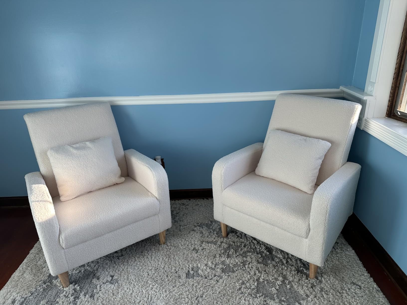 COLAMY Modern Upholstered Accent Chair Armchair with Pillow, Fabric Reading Living Room Side Chair, Single Sofa with Lounge Seat and Wood Legs, Blue customer photo 1