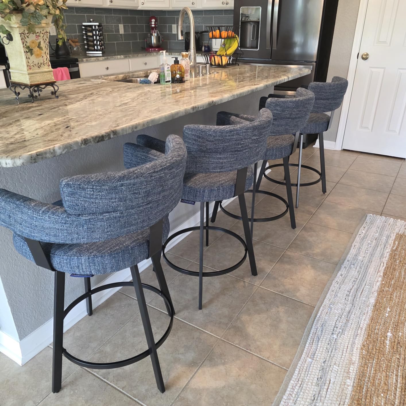 Counter Height Bar Stools with Full Back - Swivel Counter Stools Set of 2 with Linen Padded Back, Metal Footrest, Modern Barstools for Kitchen Counter, Island, Dining Room, Blue 24 inch customer photo 1