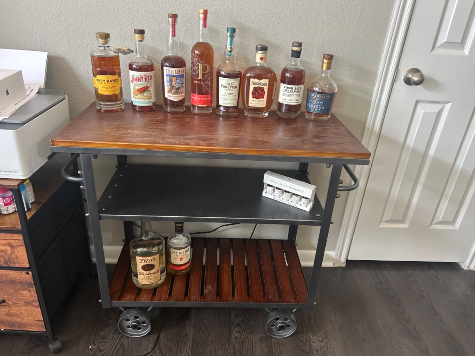Industrial 3 Tier Rolling Utility Storage Cart Wine Beverage, Metal Wine Rack with Wheels Kitchen Bar Dining Room Tea Wine, Storage Cart with Wood customer photo 2