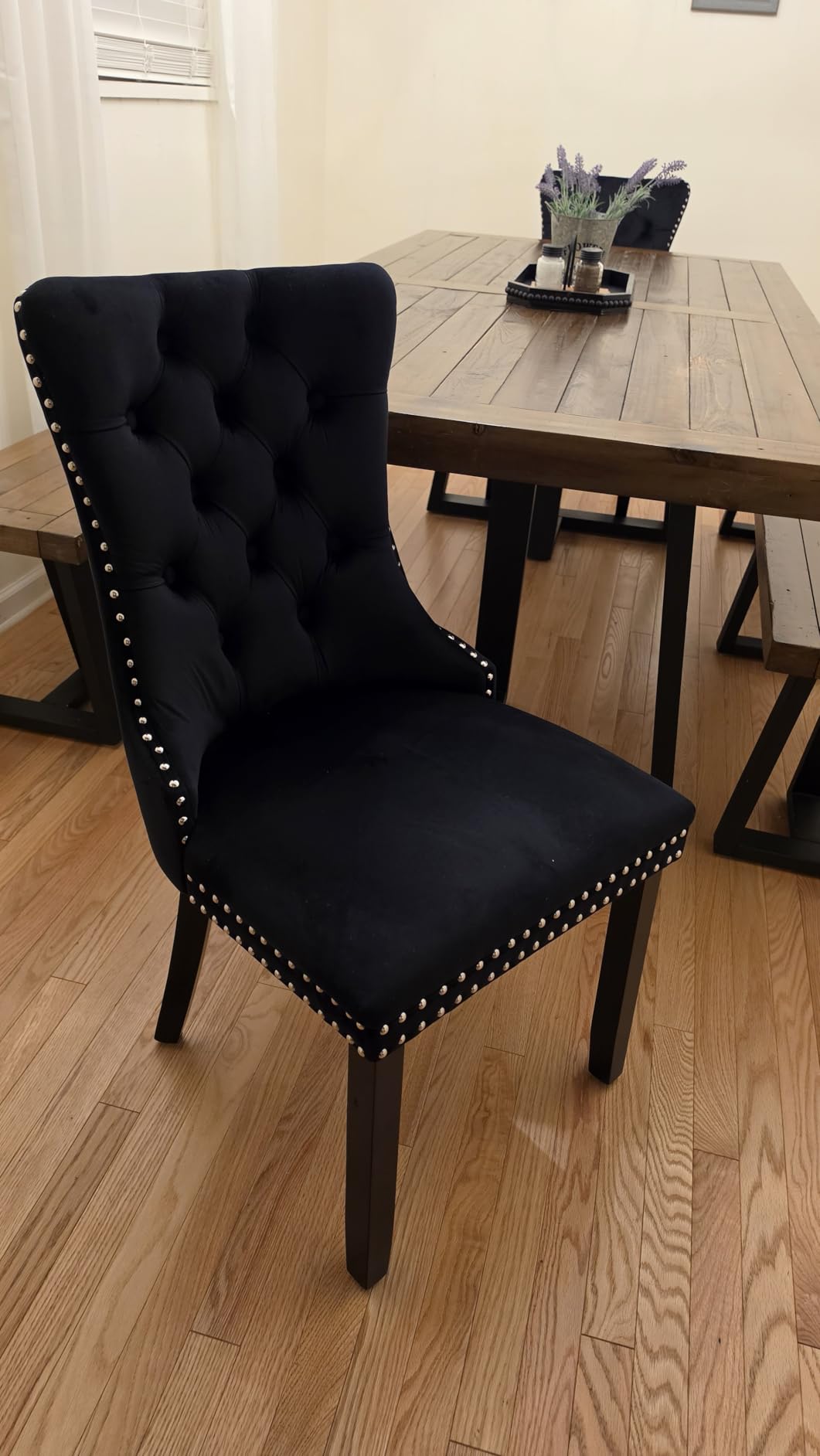 Black Velvet Dining Chairs Set of 4, Tufted Kitchen & Dining Room Chairs | Four Fabric Tufted Dining Chairs, Velvet Upholstered, Wing Back, Metal Pull Ring, Wood Frame, Mid Century Modern customer photo 2