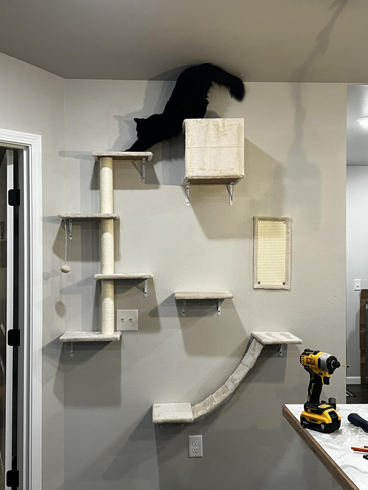 Modern Wall-Mounted Cat Furniture - 5pcs Cat Wall Shelves, Wooden Climber Includes House, Bridge, Tree, Steps, and Scratcher (Black) customer photo 2