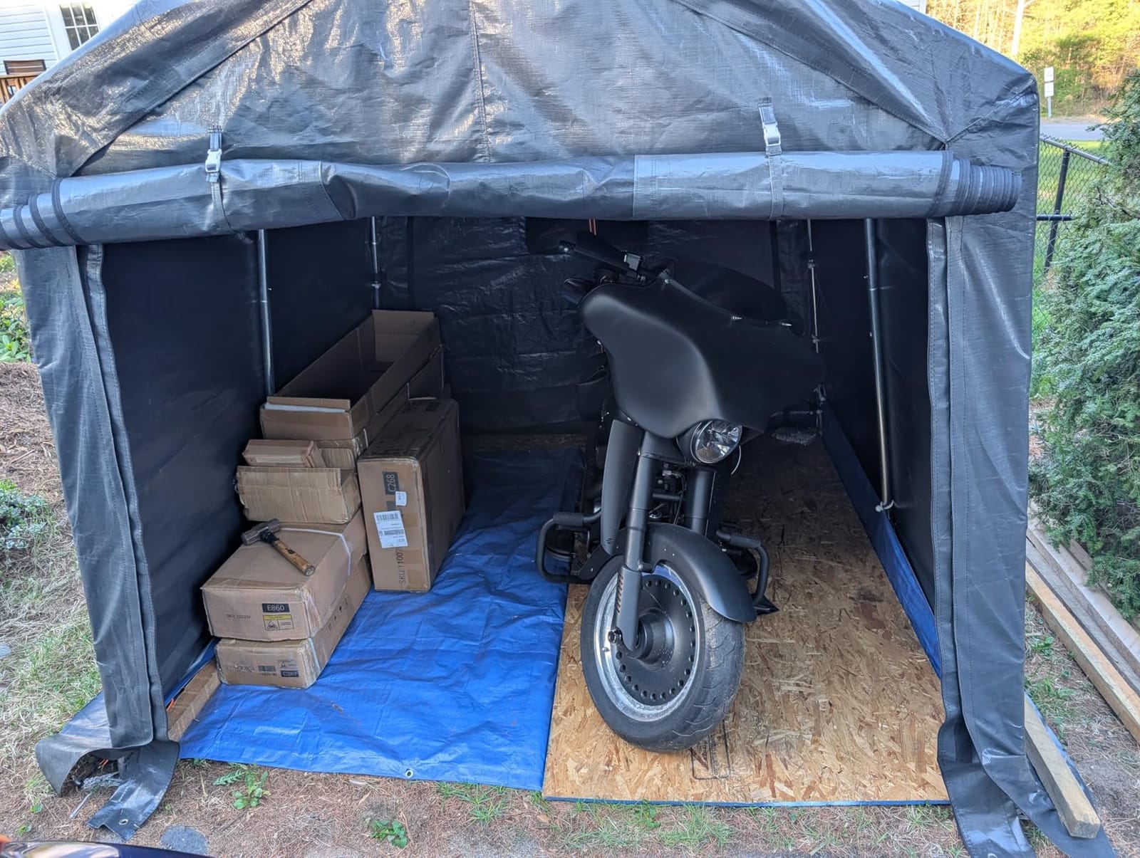 8x14 ft Steel Metal Peak Roof Portable Garage Shelter Storage Shed Carport for Motorcycle, Bike or Garden Tools with 2 Roll up Doors & Vents, Beige customer photo 1