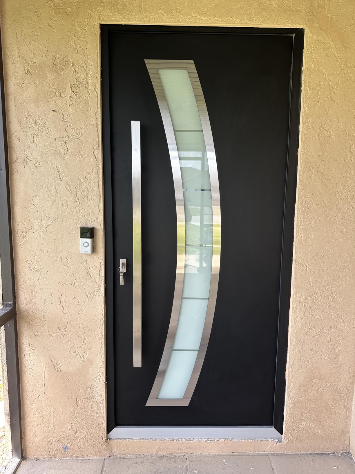 VDOMDOORS Front Exterior Prehung Steel Door/Deux 6500 Black/Stainless Inserts Single Modern Painted-W36 x H80-Right-hand Inswing customer photo 2