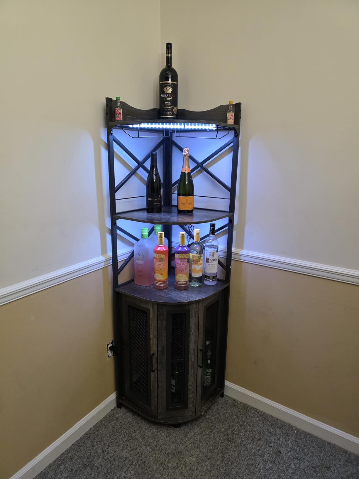 Aheaplus Corner Bar Cabinet with Power Outlet, Industrial Liquor Cabinet, 5-Tiers Wine Cabinet Mini Bar with LED Strip and Glass Holder for Home, Corner Display Cabinet for Small Space, Rustic Brown customer photo 1