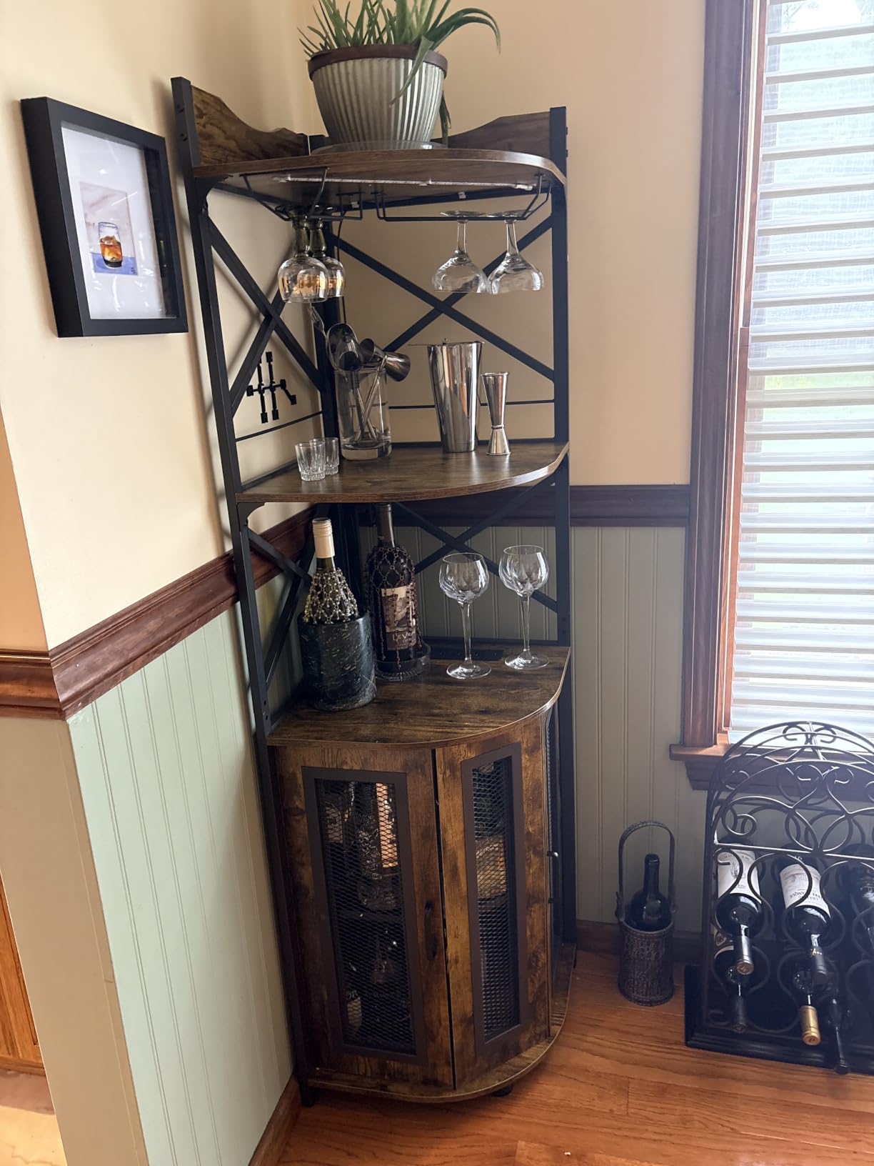 Aheaplus Corner Bar Cabinet with Power Outlet, Industrial Liquor Cabinet, 5-Tiers Wine Cabinet Mini Bar with LED Strip and Glass Holder for Home, Corner Display Cabinet for Small Space, Rustic Brown customer photo 2