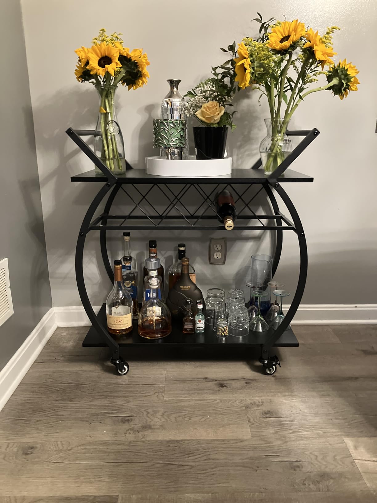 LVB Industrial Kitchen Bar Cart, Farmhouse Beverage Serving Liquor Cart with Wheels, Wood and Metal Rolling Wine Cart with Storage Shelf, Microwave Drink Cart for Home Living Dining Room, Rustic Brown customer photo 1
