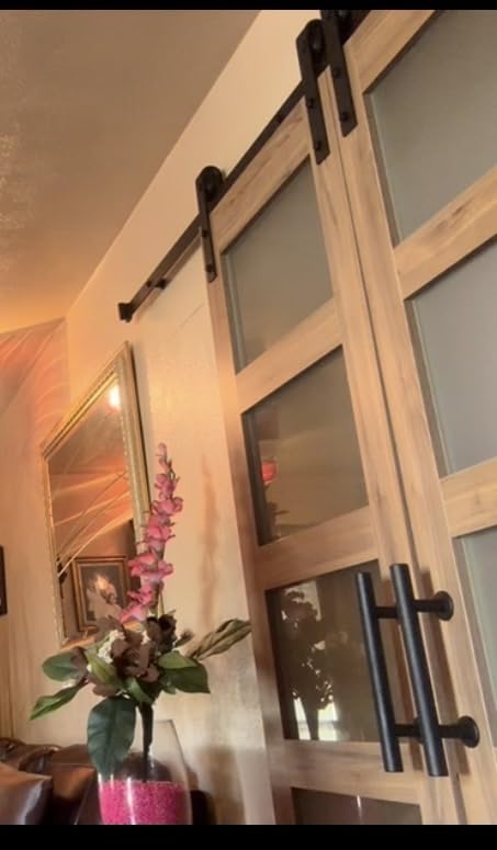 FREDBECK Double 24 x 84 inch Barn Doors 48in Doors 5-Panel Frosted Glass | Fit for 42in-46in Opening,with 8FT Hardware Kit & Handle,LVL ,Water-Proof PVC Surface,Pre-Drilled Holes,Need Assembly customer photo 2