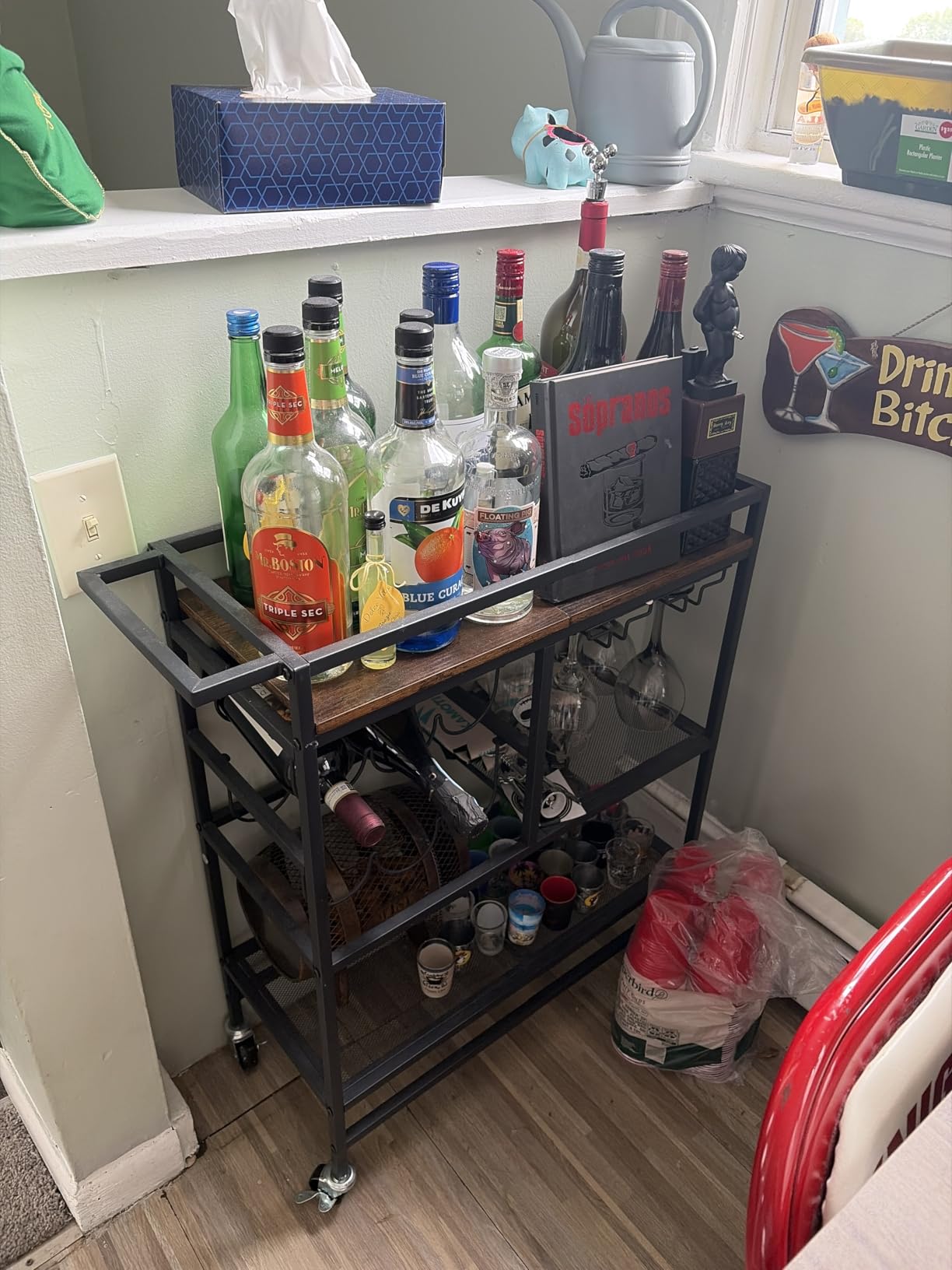 MAHANCRIS Bar Cart for Home, 3-Tier Serving Cart with Wheels and Handle, Beverage Cart with Wine Rack and Glass Holders, Rolling Wine Cart for Kitchen, Dining Room, Rustic Brown RCHR6101 customer photo 2