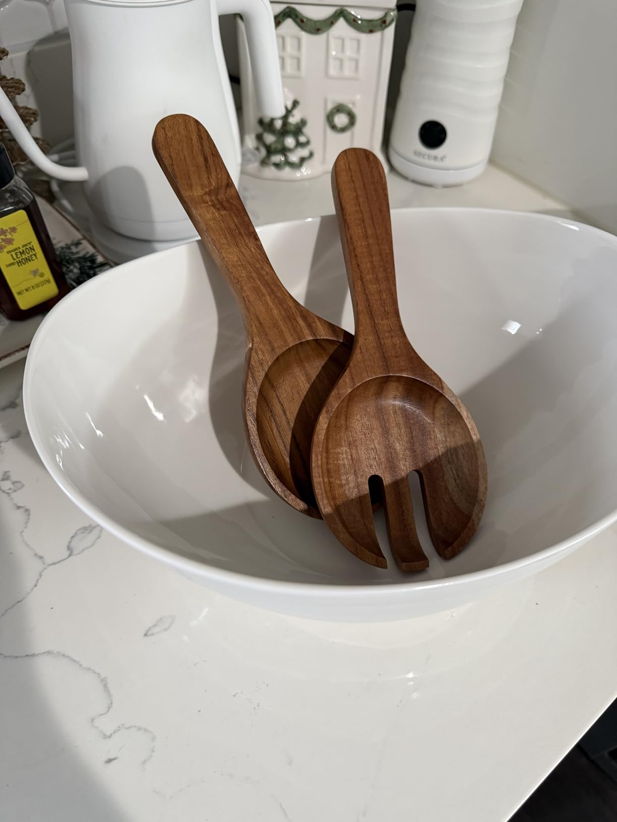 KITEISCAT Extra Large Elegant Ceramic Oval Salad Bowl Set with Premium Acacia Wood Salad Serving Utensils - Large Capacity, Stylish and Practical, Kitchen Must-Have customer photo 1