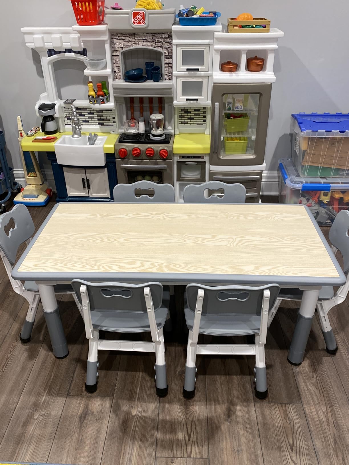 Brelley Height Adjustable Toddler Table and 6 Chairs Set, Beige | Table Supports 300 lbs, Non-Toxic HDPE, Graffiti Desktop, Classroom/Daycare/Home, Children Multi-Activity Table for Ages 3-8 customer photo 1