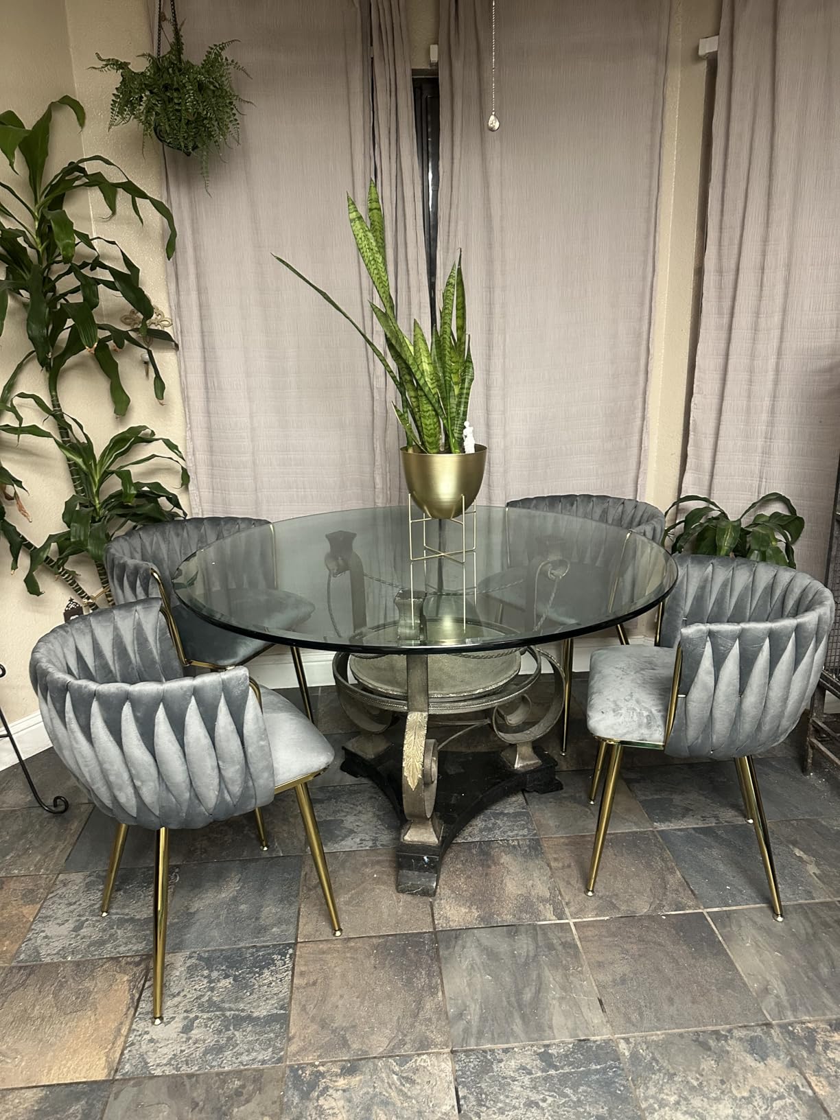 Beige Velvet Dining Chairs Set of 4 with Curved Woven Back and Gold Metal Legs, Modern Kitchen & Dining Room customer photo 1
