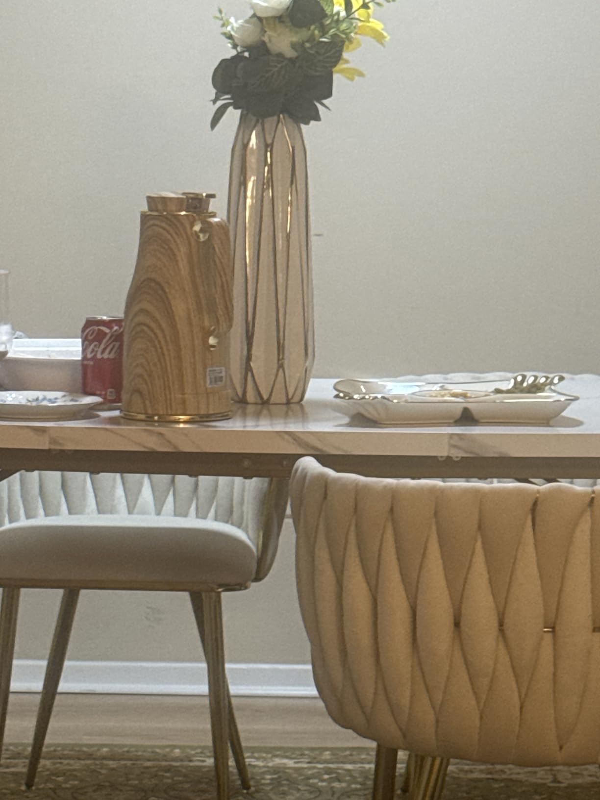 Beige Velvet Dining Chairs Set of 4 with Curved Woven Back and Gold Metal Legs, Modern Kitchen & Dining Room customer photo 2