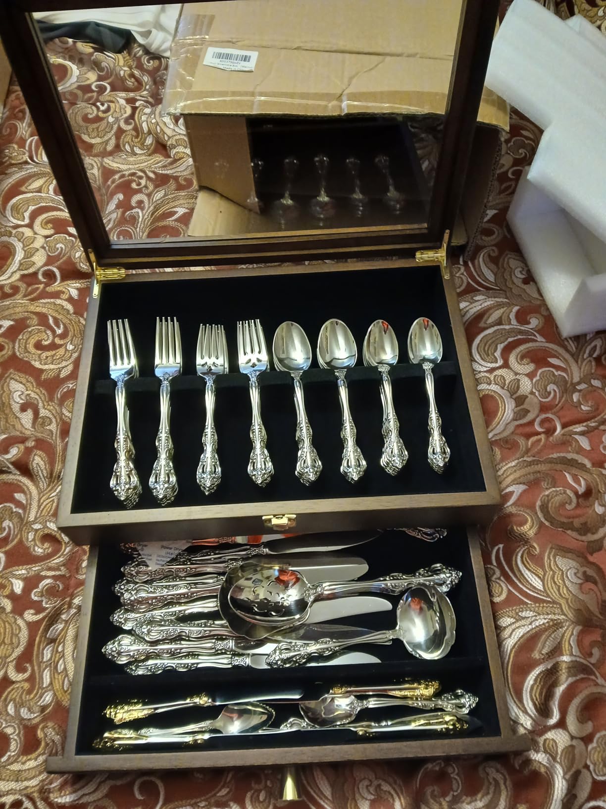 Silverware Box, 2-Layer Wooden Silverware Storage Box with Glass Lid, 14.5x10.6 Inches Luxury Style Decor Flatware Storage Case for Fine Flatware & Utensils, Gift Idea (Walnut) customer photo 2