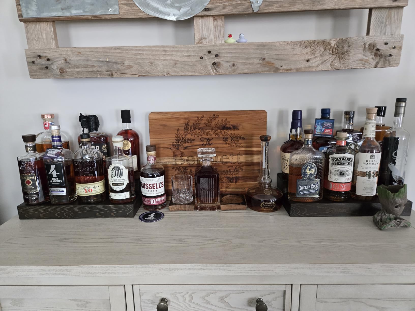 TONGMO 2 Pack Liquor Bottle Stand - 2 Tier Liquor Bar Bottle Display Shelf, Holds 16Bottles, Real Wood, Easy to Clean, No Installation Required - 15.8 Inch Each (Dark Walnut) customer photo 1