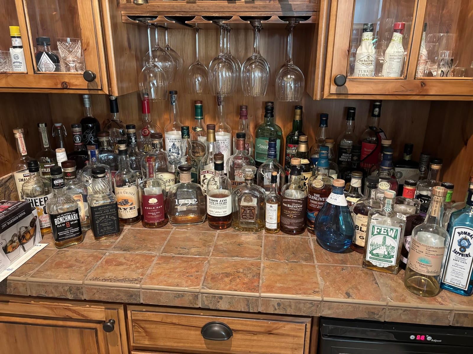 TONGMO 2 Pack Liquor Bottle Stand - 2 Tier Liquor Bar Bottle Display Shelf, Holds 16Bottles, Real Wood, Easy to Clean, No Installation Required - 15.8 Inch Each (Dark Walnut) customer photo 2