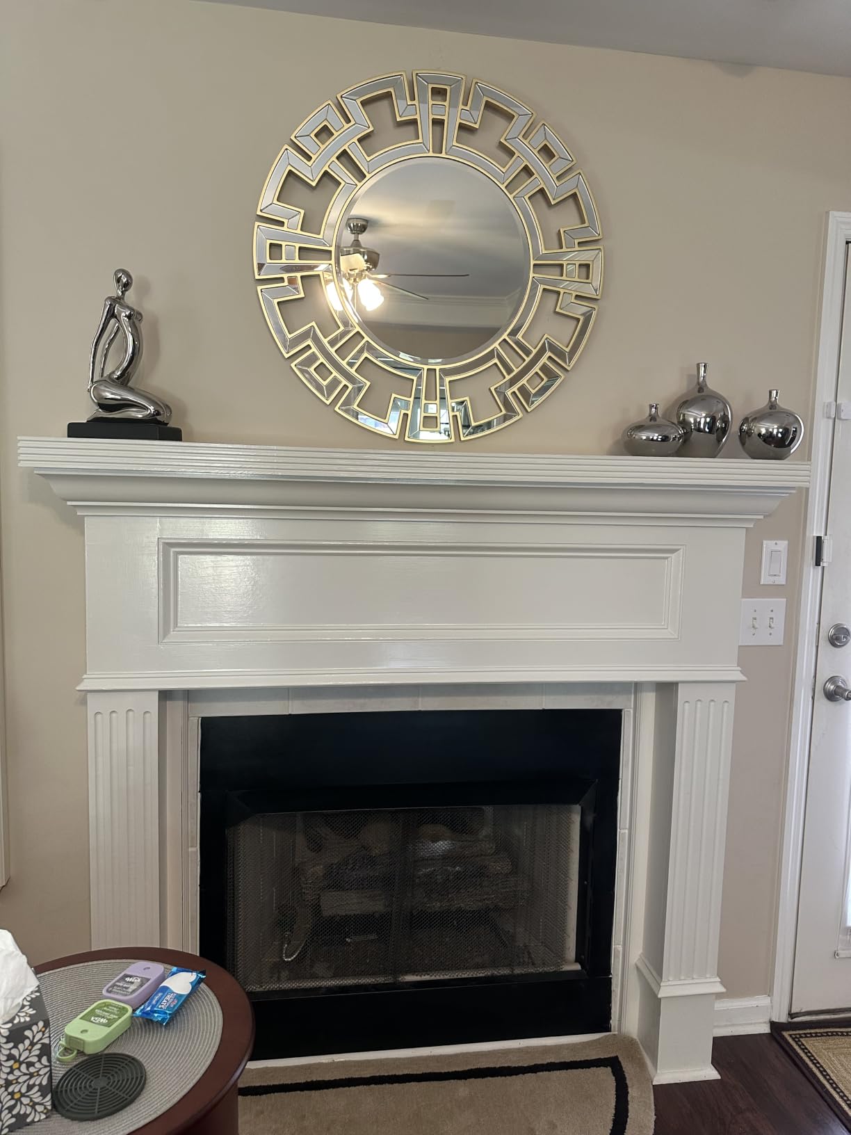 Chende Gold Mirrors for Decor, 32'' Round Wall Mirror with Beveled Glass Frame, Modern Decorative Mirror with Wood Frame for Living Room, Entryway, Dining Room, Bathroom customer photo 1