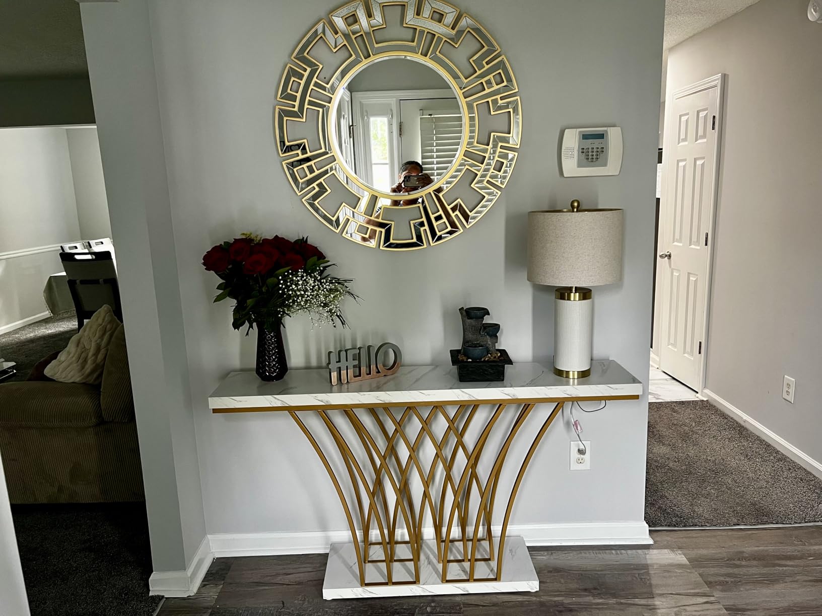 Chende Gold Mirrors for Decor, 32'' Round Wall Mirror with Beveled Glass Frame, Modern Decorative Mirror with Wood Frame for Living Room, Entryway, Dining Room, Bathroom customer photo 2