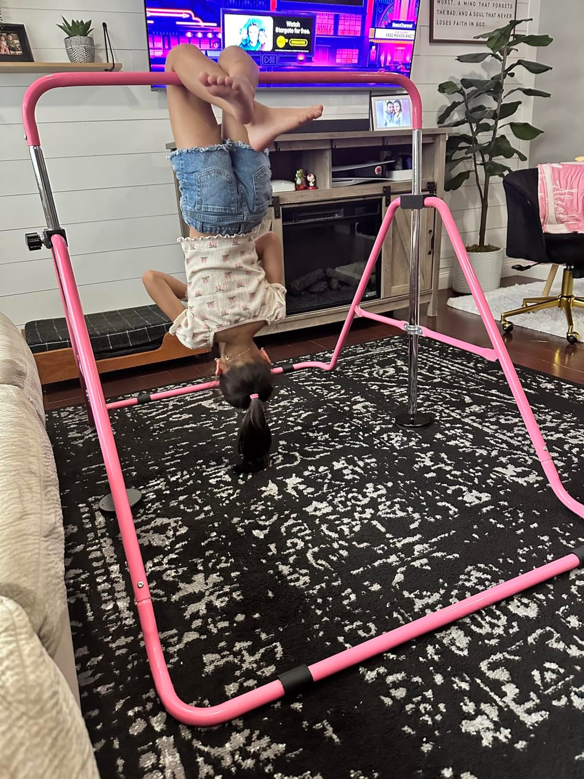 Sportsroyals Gymnastics Bar for Kids, Adjustable Height Gymnastic Horizontal Bars, Folding Gymnastic Junior Training Kip Bar for Home, Pink customer photo 1