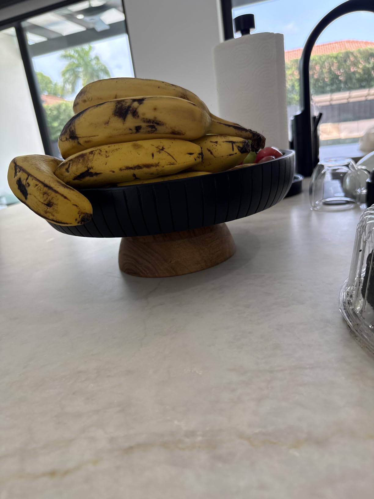 Mango Wood fruit bowl, Decorative black bowl with natural finish pedestal | 12